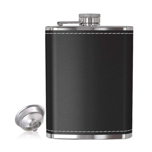 240ml Stainless Steel Pocket Hip Flask with Black Leather Cover