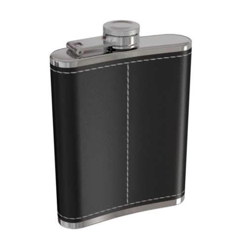 240ml Stainless Steel Pocket Hip Flask with Black Leather Cover
