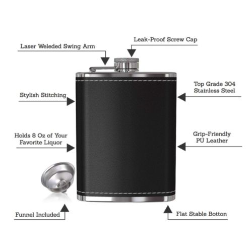 240ml Stainless Steel Pocket Hip Flask with Black Leather Cover